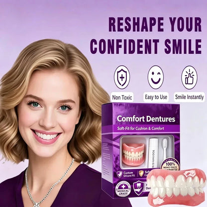 Adult Full Denture Set - Soft Silicone Upper & Lower Cosmetic Teeth for Natural-Looking Smile