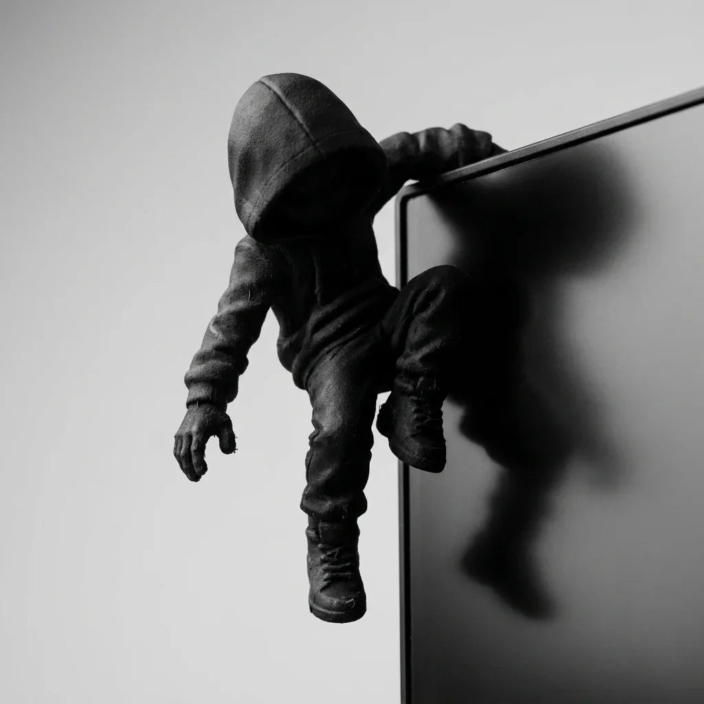 Hooded Climber Desk Figurine - Black 3D Printed Gaming Setup Decor Ornament
