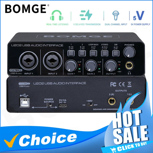 BOMGE U202 USB Audio Interface – Mic Preamplifier with XLR/TS/TRS Ports, 48V Phantom Power, 32-Bit/192kHz for Computer Recording & Streaming