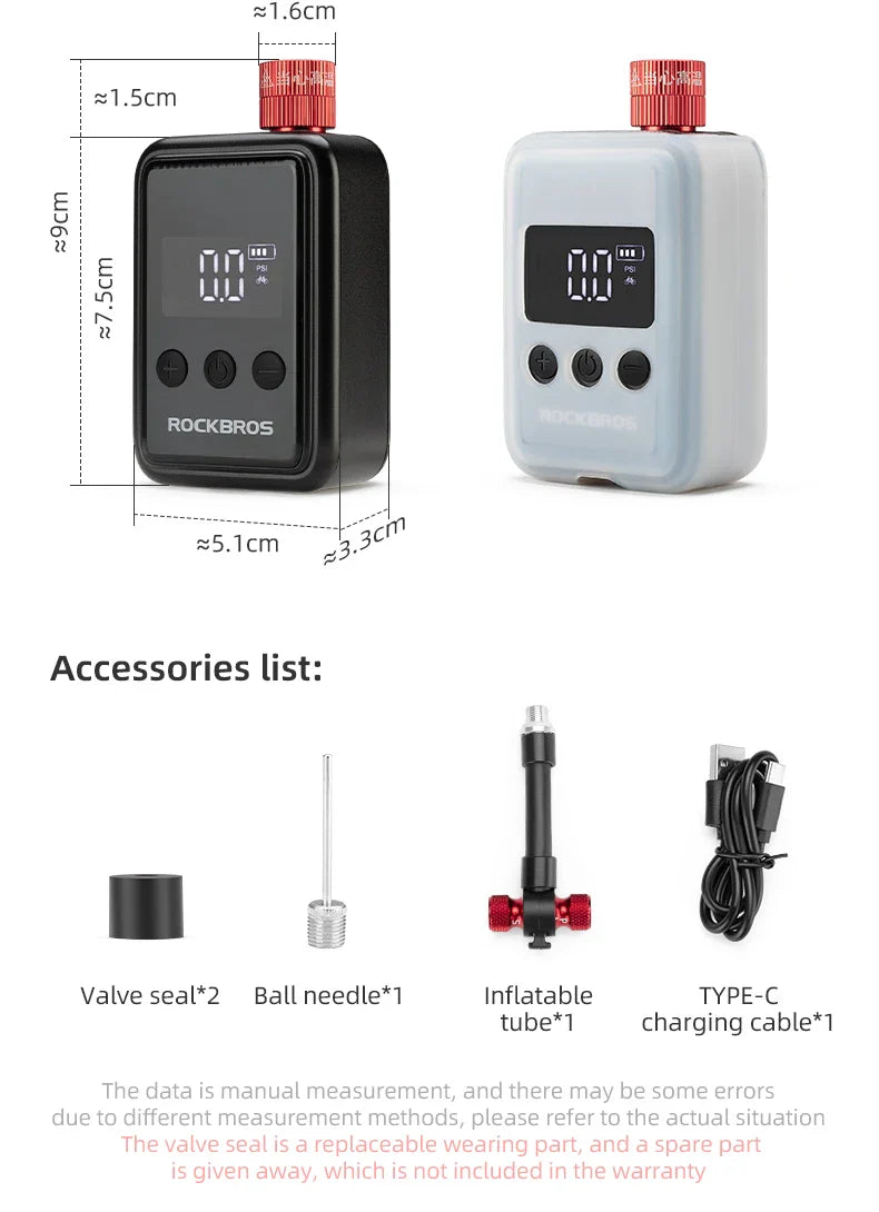 ROCKBROS 150 PSI Portable Bike Air Pump – Digital Tire Inflator, Rechargeable Mini Compressor