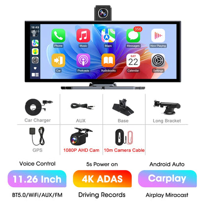 11.26” 4K ADAS Dash Cam Display – Wireless Android Auto & CarPlay Screen DVR with Dual Recording, Night Vision & FM Car System