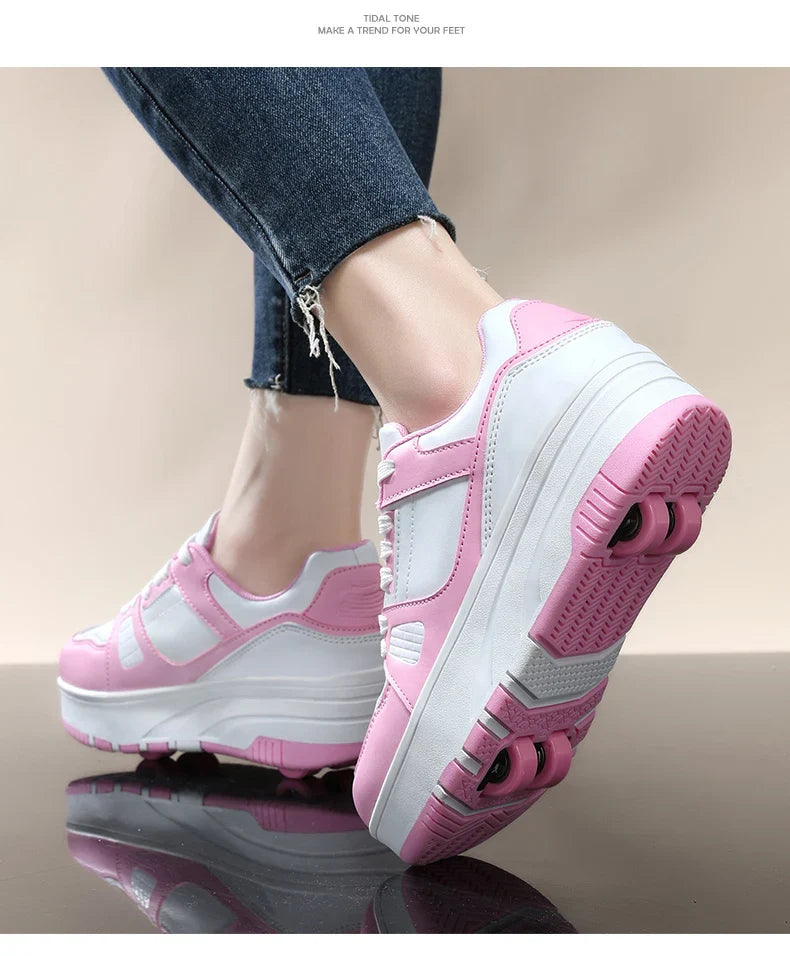 Four-Wheel Roller Shoes for Boys & Girls – Casual Outdoor Sports Sneakers with Pulleys, Slide & Shrink School Walking Shoes