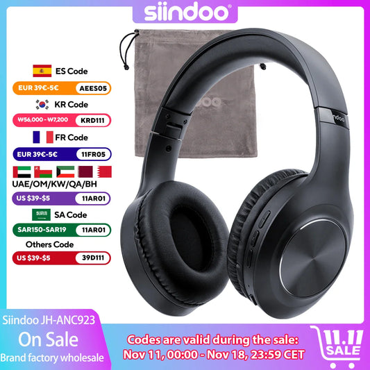 Siindoo JH-ANC923 Active Noise Cancelling Wireless Headset - Foldable Over-Ear Bluetooth Headphones with Mic, Hi-Fi Stereo & Deep Bass