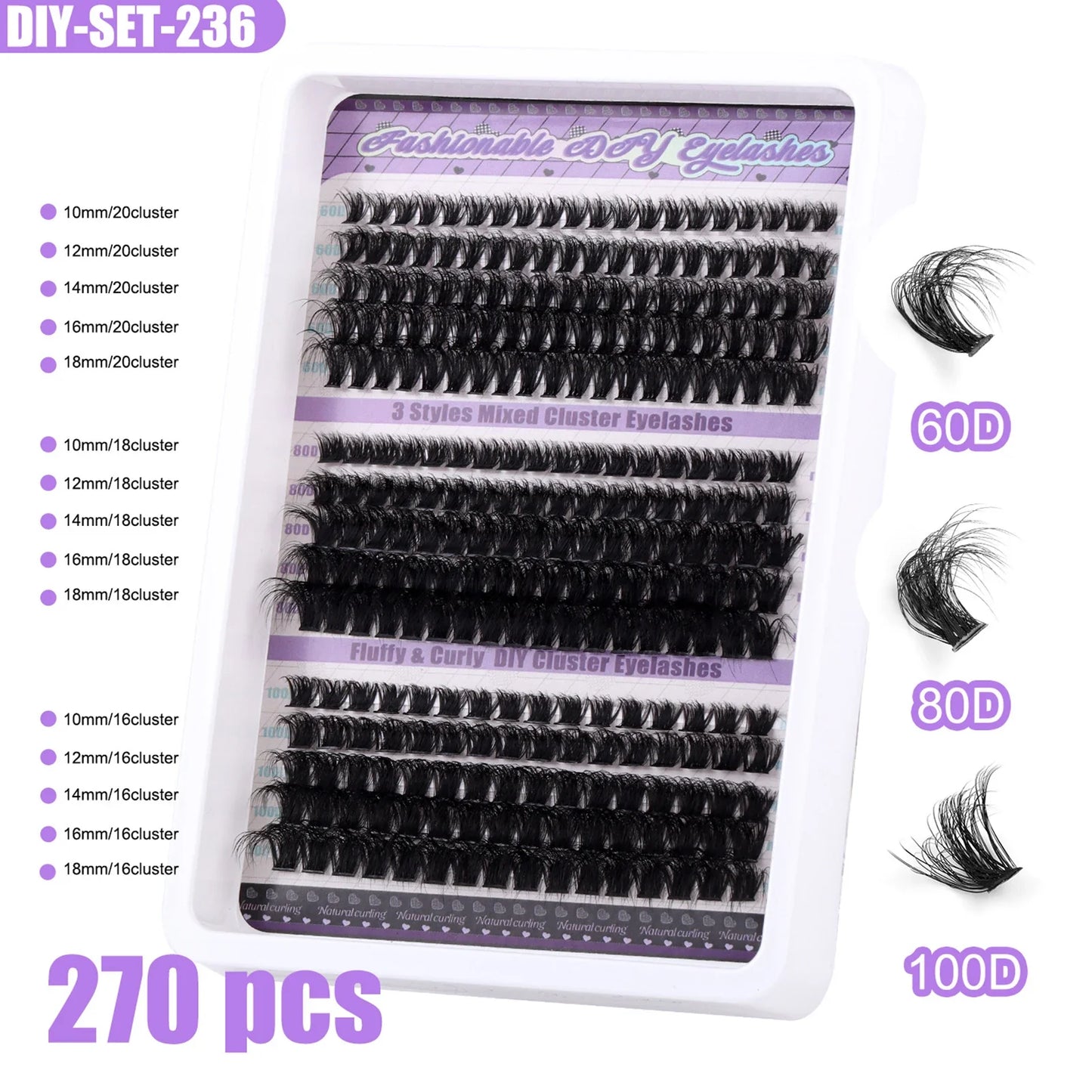 270pcs Individual Cluster Lashes — Fluffy Volume False Eyelashes with Bond & Seal Glue Kit, 60D/80D/100D Extensions