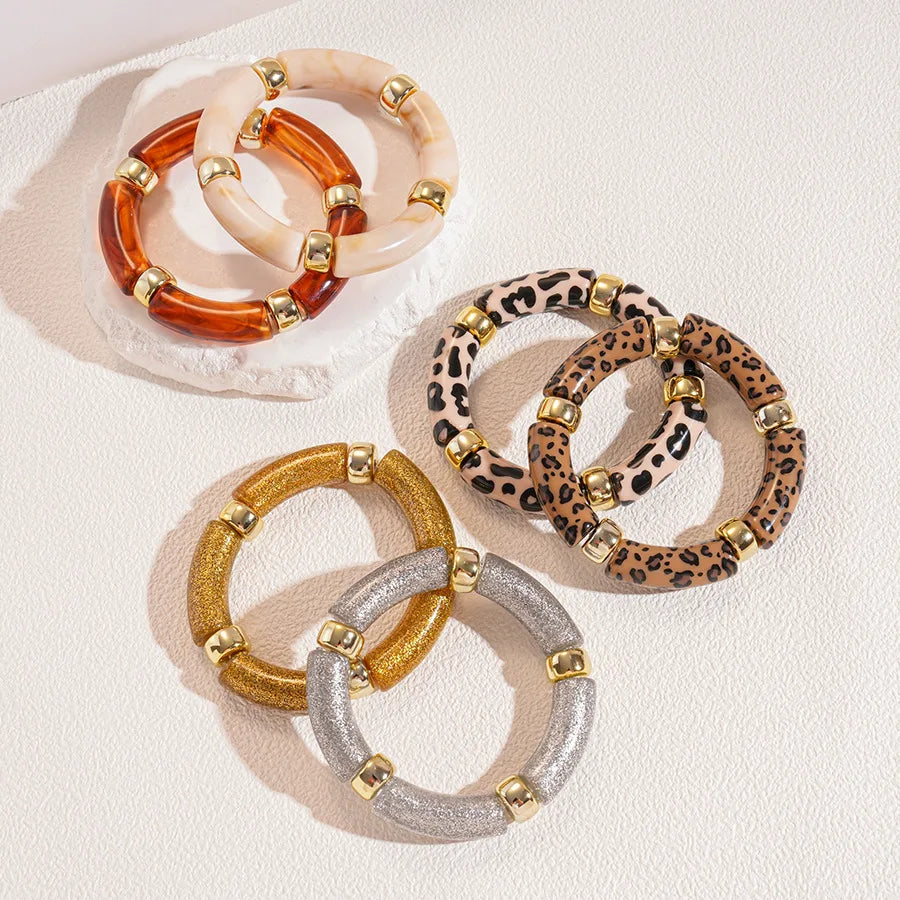 Leopard Print Bamboo Tube Acrylic Bracelets - Retro Stretch Beaded Bangles for Women & Men, Stackable Jewelry Gift