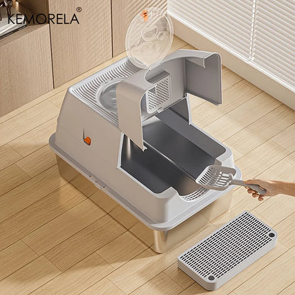 KEMORELA XL Stainless Steel Cat Litter Box – Extra Large Enclosed Litter Box with High Sides & Removable Scoop for Big Cats