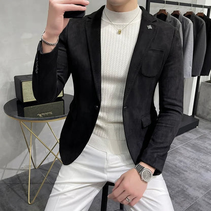 Men's Deerskin Fleece Blazer – Slim Fit Single Button Suit Jacket for Business & Casual Wear