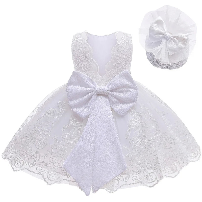 Baby Girls Lace Princess Dress - Big Bow Summer Birthday Party Gown