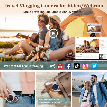 4K Digital Camera – 48MP Auto Focus Vlogging Camera for YouTube, Anti-Shake, Viewfinder, Flash & Dial (Brown)