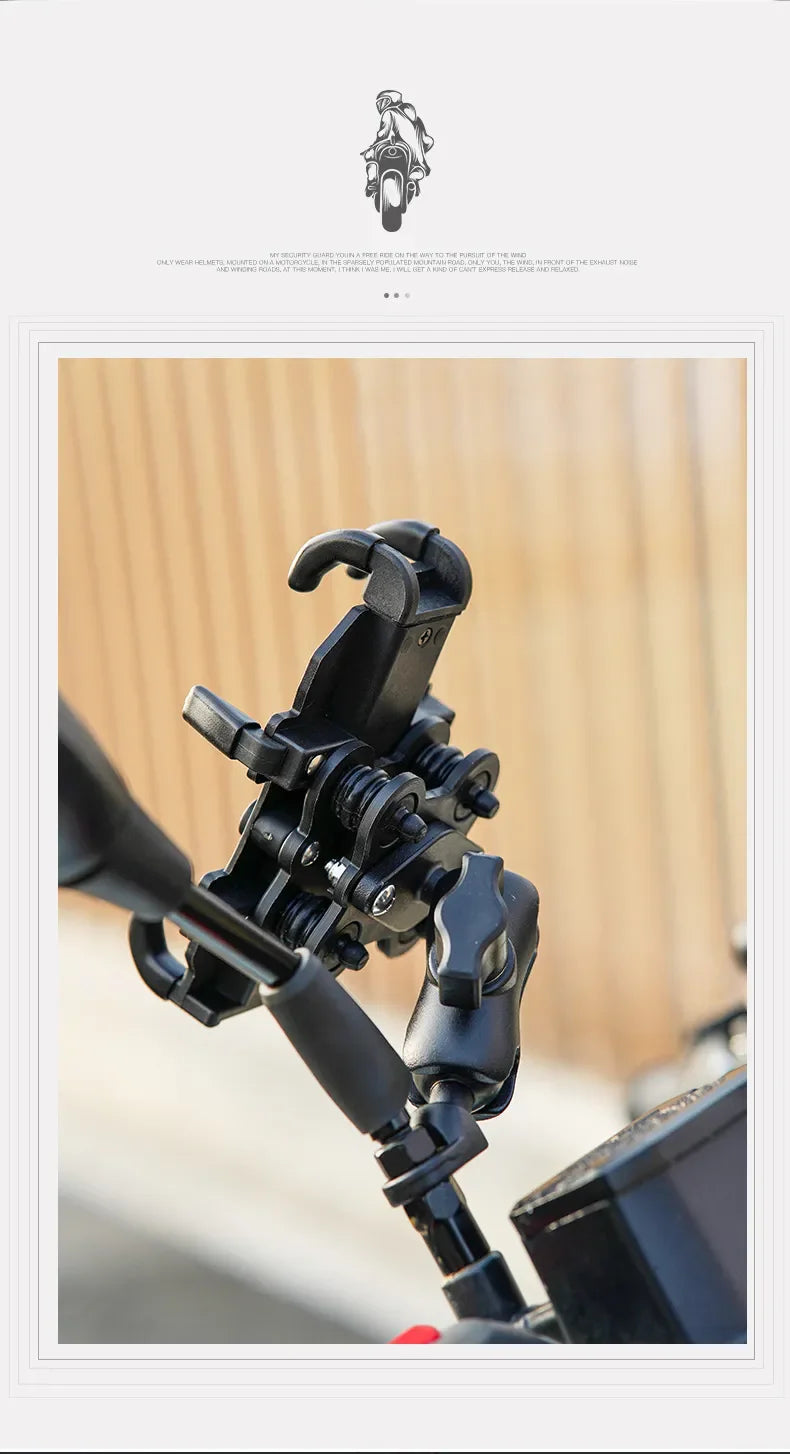 Motorcycle & Bike Phone Holder with Shock Absorber – Handlebar Rearview Mirror Mount for 4.7–7.1” Smartphones