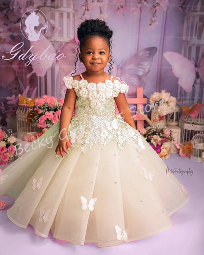 Flower Girl Wedding Dress - Pink Applique Butterfly & Pearl Party Gown