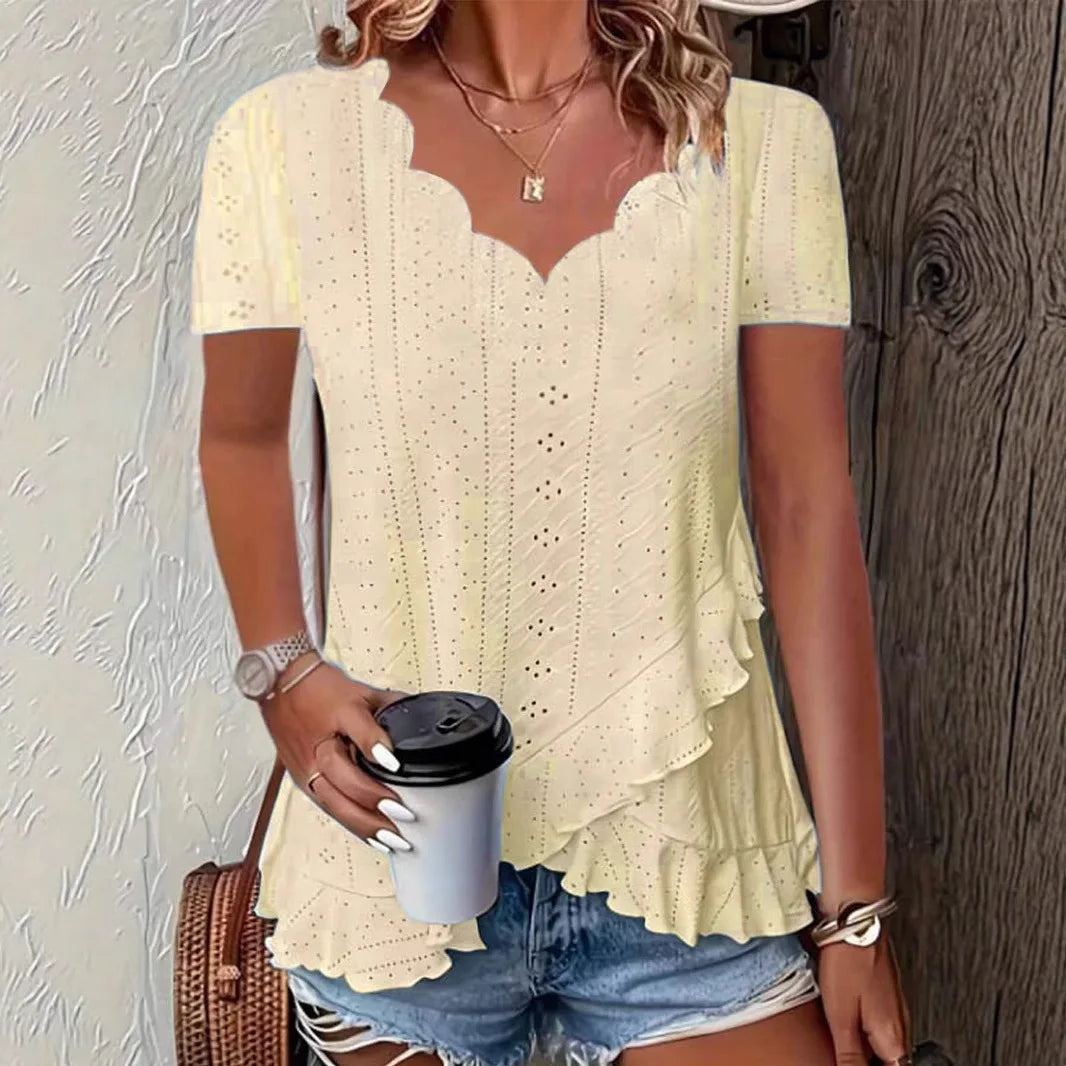 Women’s Summer 2025 Fashion Blouse – Loose Ruffle Hollow-Out V-Neck Short Sleeve Top, Casual Solid Color Shirt