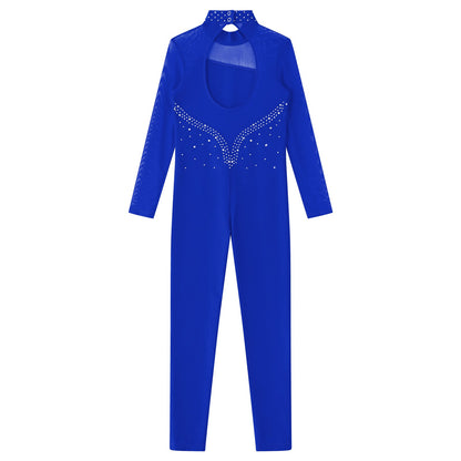 Kids Girls Long Sleeve Rhinestone Bodysuit — Full Body Dancewear Gymnastics Leotard Skating Jumpsuit
