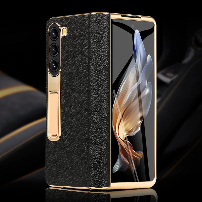 LANGSIDI Leather Case for Samsung Galaxy Z Fold 6/5/4/3 – Gold Plated Magnetic Hinge Cover with Mirror Film & Stand