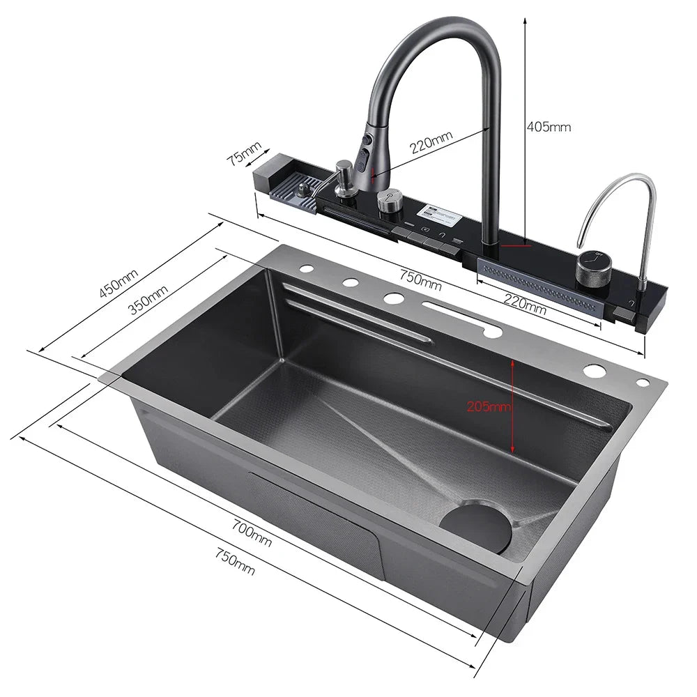 304 Stainless Steel Waterfall Kitchen Sink – Large Single Slot with Digital Display Faucet, Soap Dispenser and Cup Washer Set