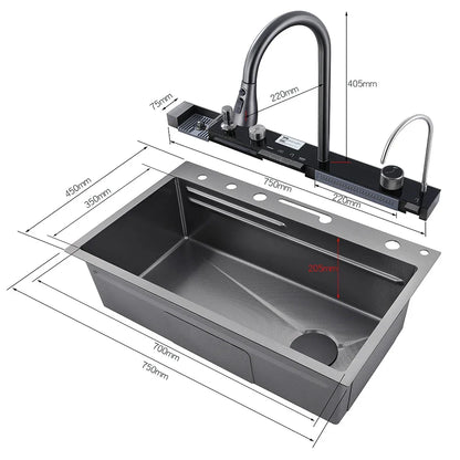 304 Stainless Steel Waterfall Kitchen Sink – Large Single Slot with Digital Display Faucet, Soap Dispenser and Cup Washer Set