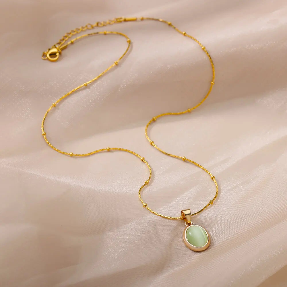 Fashion Opal Oval Necklace for Women – Gold Stainless Steel Pendant, Aesthetic Wedding Jewelry Gift