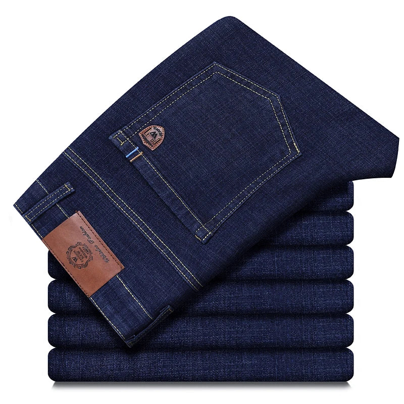 Men's Classic Stretch Jeans - Business Casual Straight Leg Denim Work Trousers in Blue & Black