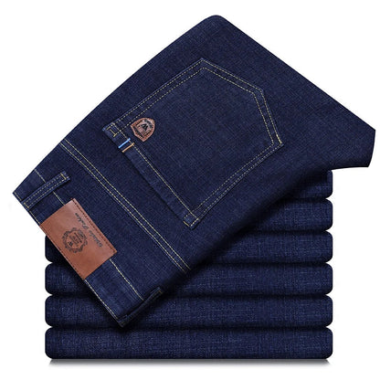 Men's Classic Stretch Jeans - Business Casual Straight Leg Denim Work Trousers in Blue & Black