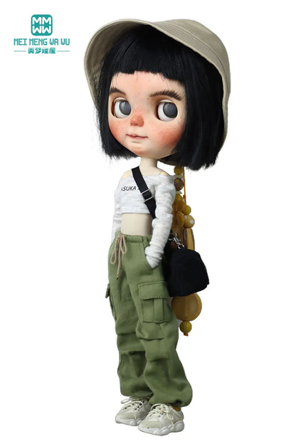 Blythe & Azone OB22/OB24 Doll Clothes — Fashion Jeans Overalls in Khaki, Army Green, Denim Blue, Pink & Black