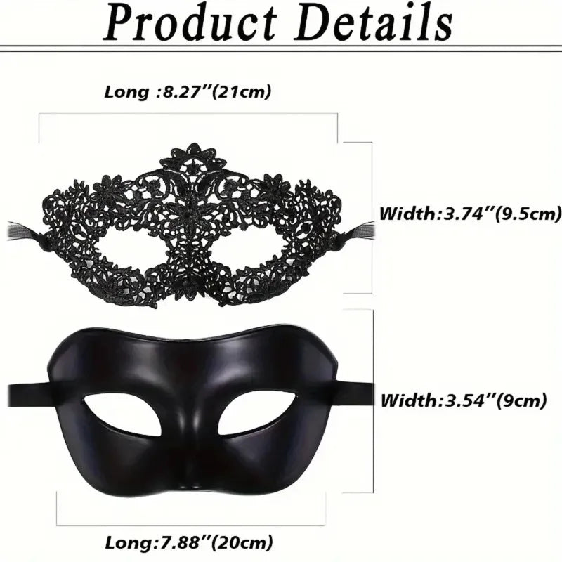 Black Lace Masquerade Mask Set - 2-Piece Elegant Venetian, Mardi Gras & Halloween Party Masks