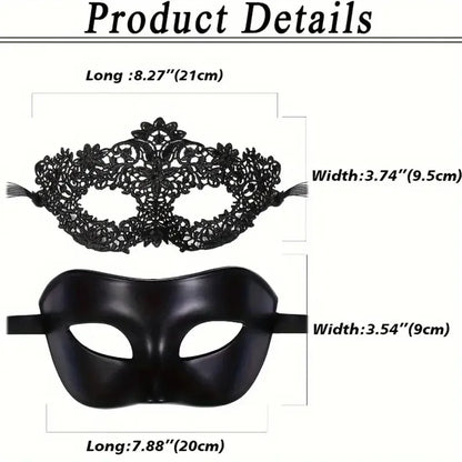 Black Lace Masquerade Mask Set - 2-Piece Elegant Venetian, Mardi Gras & Halloween Party Masks