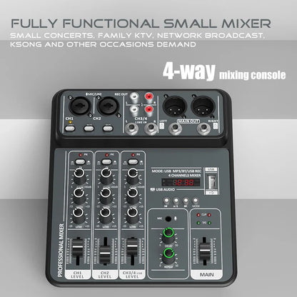 4-Channel Audio Mixer — USB Studio Mixer with 48V Phantom Power & Bluetooth for DJ & Karaoke