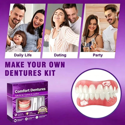 Adult Full Denture Set - Soft Silicone Upper & Lower Cosmetic Teeth for Natural-Looking Smile