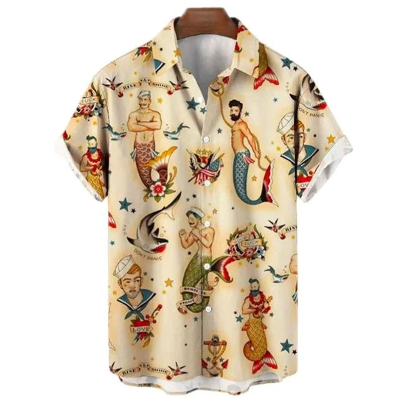 Men's Retro Mermaid Hawaiian Shirt - 3D Print Casual Short Sleeve Button-Up Summer Shirt