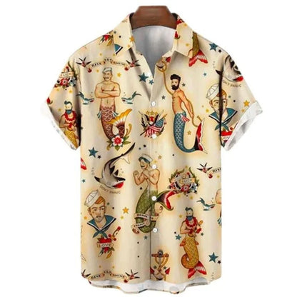 Men's Retro Mermaid Hawaiian Shirt - 3D Print Casual Short Sleeve Button-Up Summer Shirt