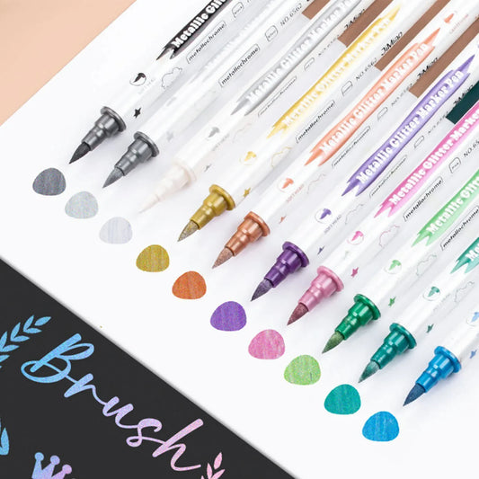 10PCS Dual Tip Metallic Marker Pens — Brush & Fine Nibs for DIY Cards, Scrapbooking, Art Supplies, Back-to-School