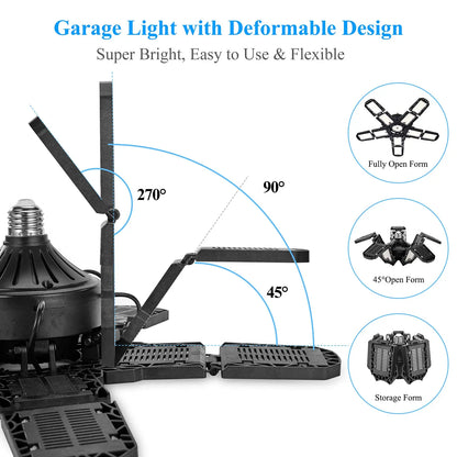 LED Garage Lights: 10 Adjustable Panels E26/E27 Ceiling Shop Work Lamp - 80W 150W 6500K Bulb for Industrial Workshop Lighting