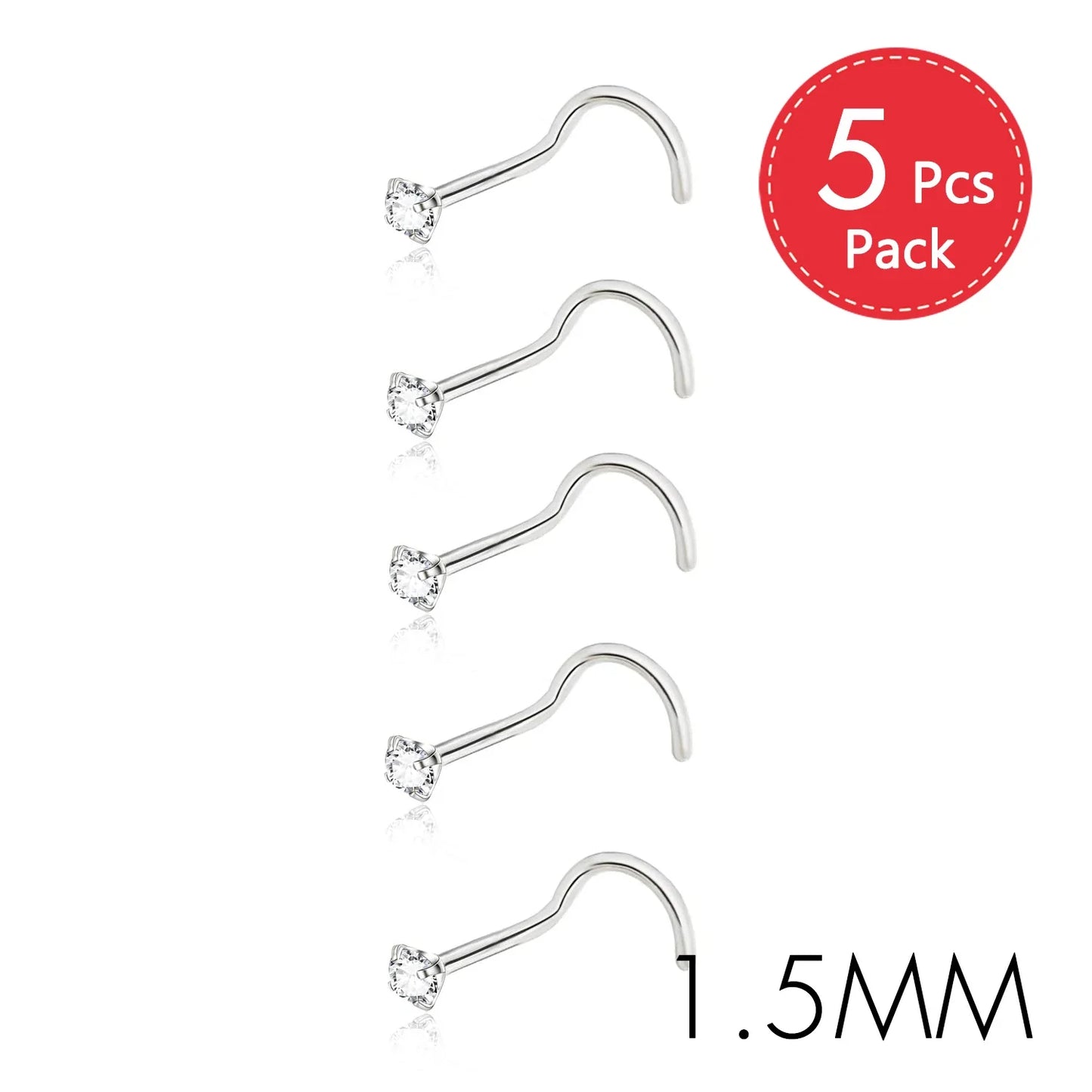 5PCS Stainless Steel Nose Ring Studs — Crystal Nostril Piercing Jewelry for Women & Girls, 1.5/2.0/2.5/3.0mm, 20G