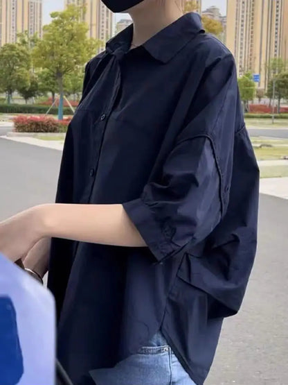 2025 Women’s Cotton Mid-Sleeve Loose Blouse – Casual Irregular Summer Shirt Korean Fashion