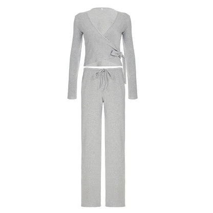 Apprabant Women’s Casual Fashion Set – Drawstring High-Waist Trousers with Plush Loose Pants and Lace-Up Flared Sleeve V-Neck Top
