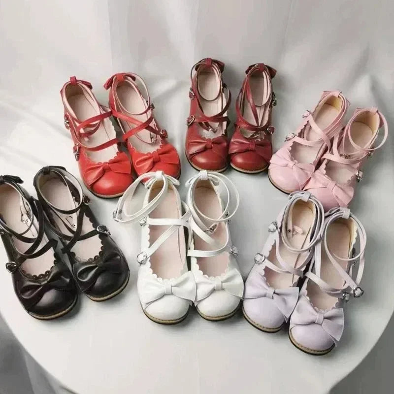 HoneyCherry Lolita Princess Shoes – Women’s Cute Flats with Bow, Cross Straps & Low Round Design