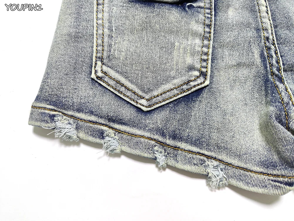 Sexy Low Rise Denim Shorts – Women’s Slim Skinny Rivet Vintage Blue Y2K Jeans for Summer