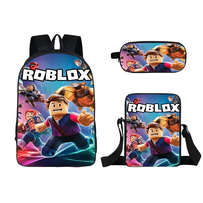 Kids Roblox 3-in-1 Backpack Set — School Bookbag, Shoulder Bag & Pencil Case Waterproof Travel Bag for Teens