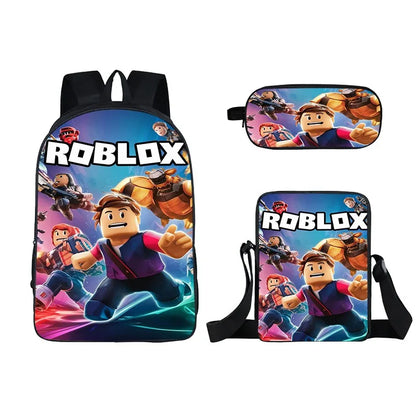 Kids Roblox 3-in-1 Backpack Set — School Bookbag, Shoulder Bag & Pencil Case Waterproof Travel Bag for Teens