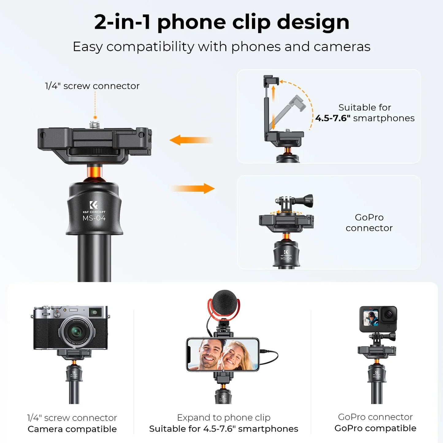 K&F Concept MS08 62'' Phone Tripod – 1.58m Selfie Stick with Bluetooth Remote & GoPro Adapter (Black & Orange)