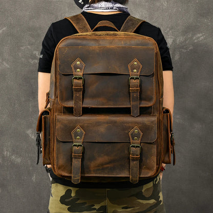 Vintage Crazy Horse Leather Backpack for Men — 17" Laptop Travel Rucksack Cowhide Hiking Bag M815