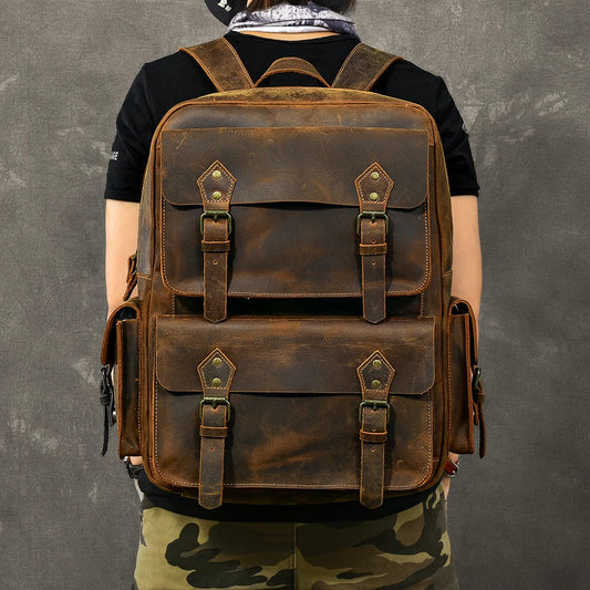 Vintage Crazy Horse Leather Backpack for Men — 17" Laptop Travel Rucksack Cowhide Hiking Bag M815