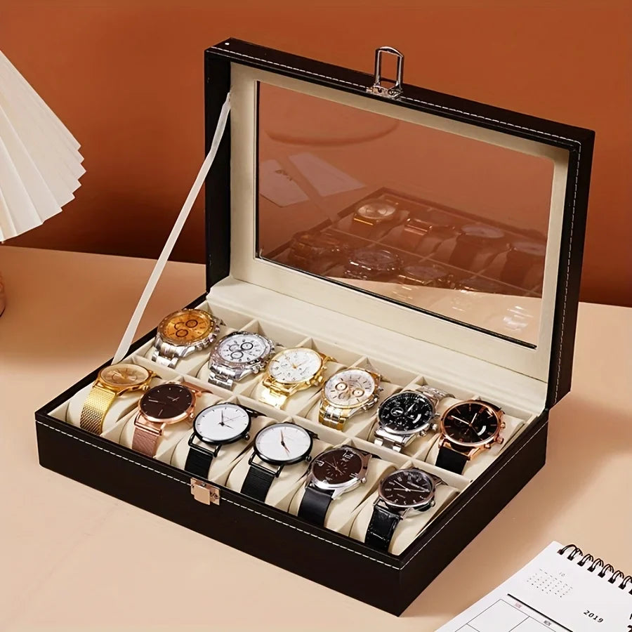 12-Slot Watch Organizer Display Case — Synthetic Leather Storage with Lock & Removable Pillows for Men, Travel & Gifts