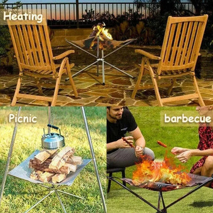 Foldable Stainless Steel Campfire Rack: Outdoor Camping Fire Pit Wood Stove Frame for BBQ, Bonfire in Garden or Backyard