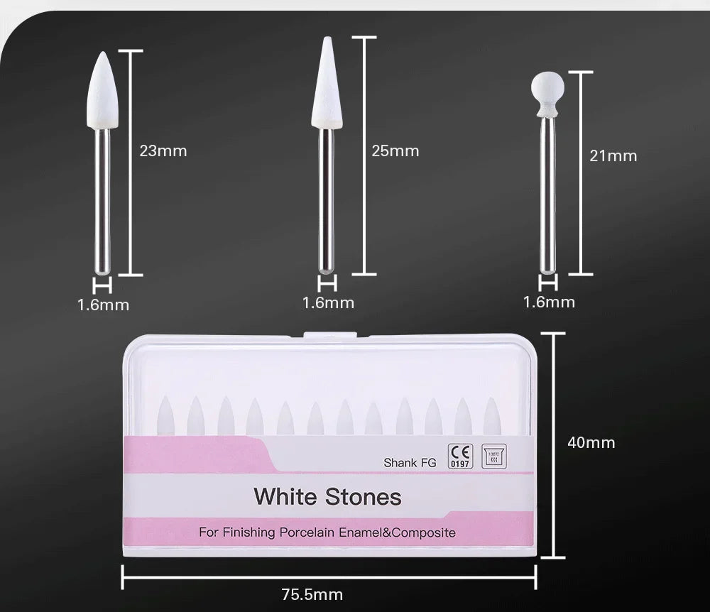 AZDENT White Stone Polishing Burs Kit – Flame, Cone & Round Shapes for Porcelain, Enamel & Composite Resin