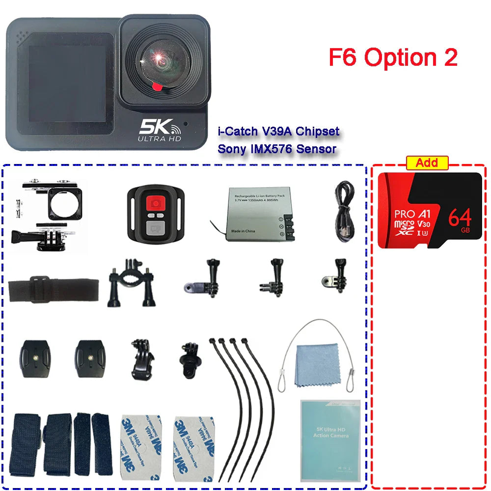 F6W Action Camera — 5K/4K60FPS, 48MP, 2.2" Touch LCD, EIS, Dual Screen, Wi-Fi, 170° Waterproof 30M, 8X Zoom Sports Camera with Wireless Mic