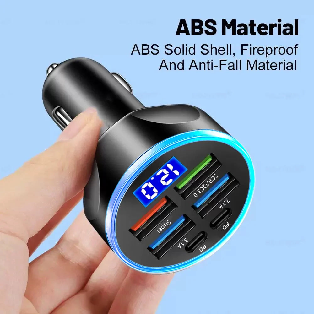 66-250W PD Car Charger – QC3.0 Fast Charge, 1-to-6 Cigarette Lighter Plug with Digital Display