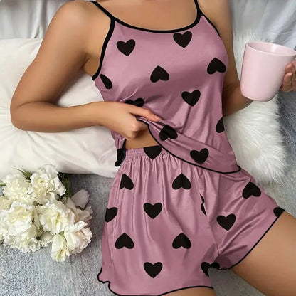 Women’s Pajama Set — Pink Heart Print Ice Silk T-Shirt & Shorts, Comfortable Casual Summer Sleepwear
