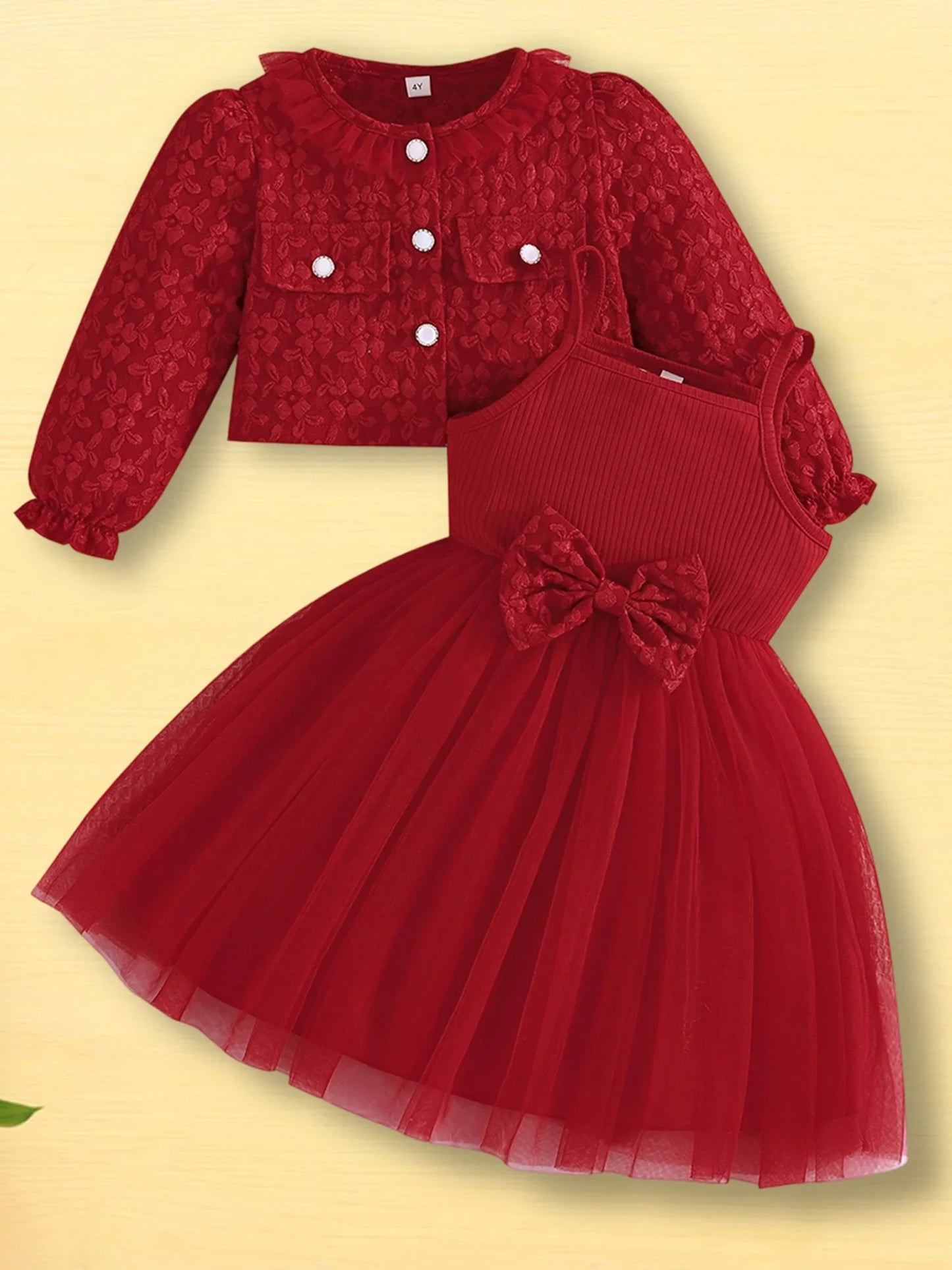 Girls' Summer & Fall 2-Piece Set – Tulle Patchwork Slip Dress with Flower Jacket, Casual Outfit for Ages 2-8Y