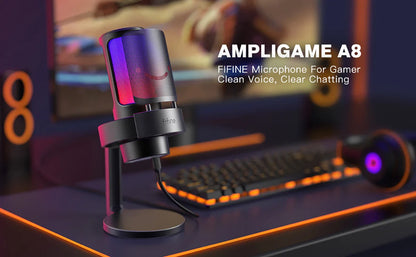 FIFINE A8 USB Microphone with RGB, Touch Mute & Headphone Output for Recording & Streaming on PC Mac